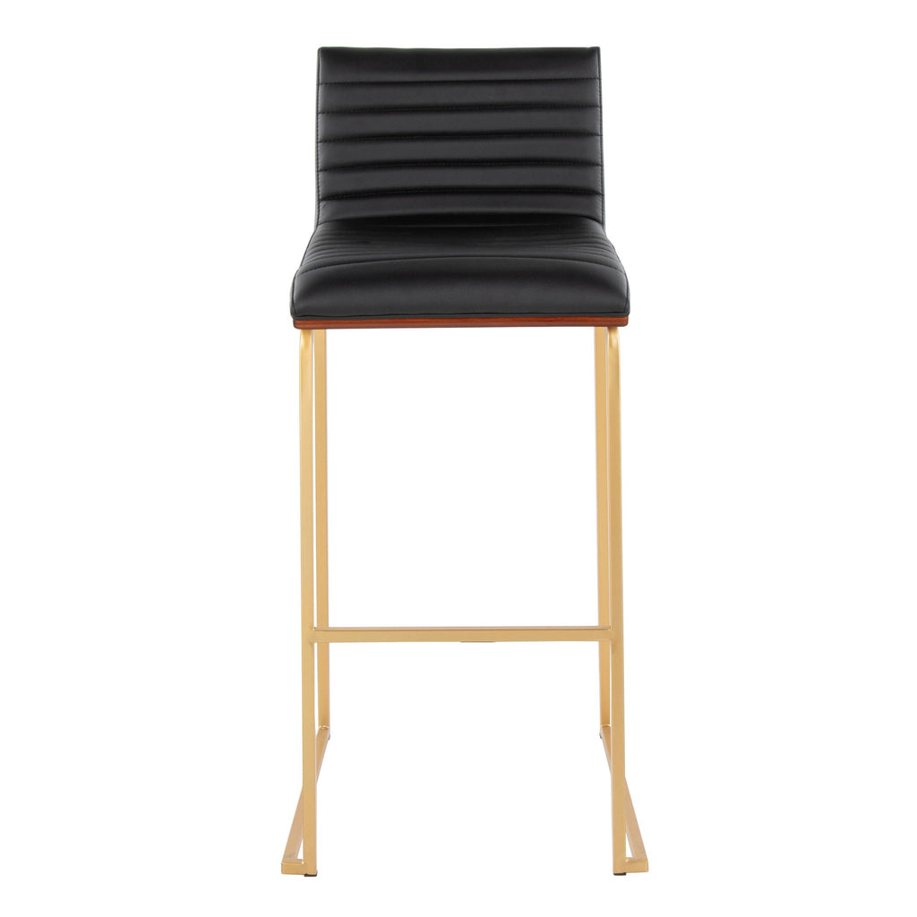 Mason Mara 30" Fixed-Height Barstool - Set of 2 - Gold Metal, Walnut Wood, Black PU