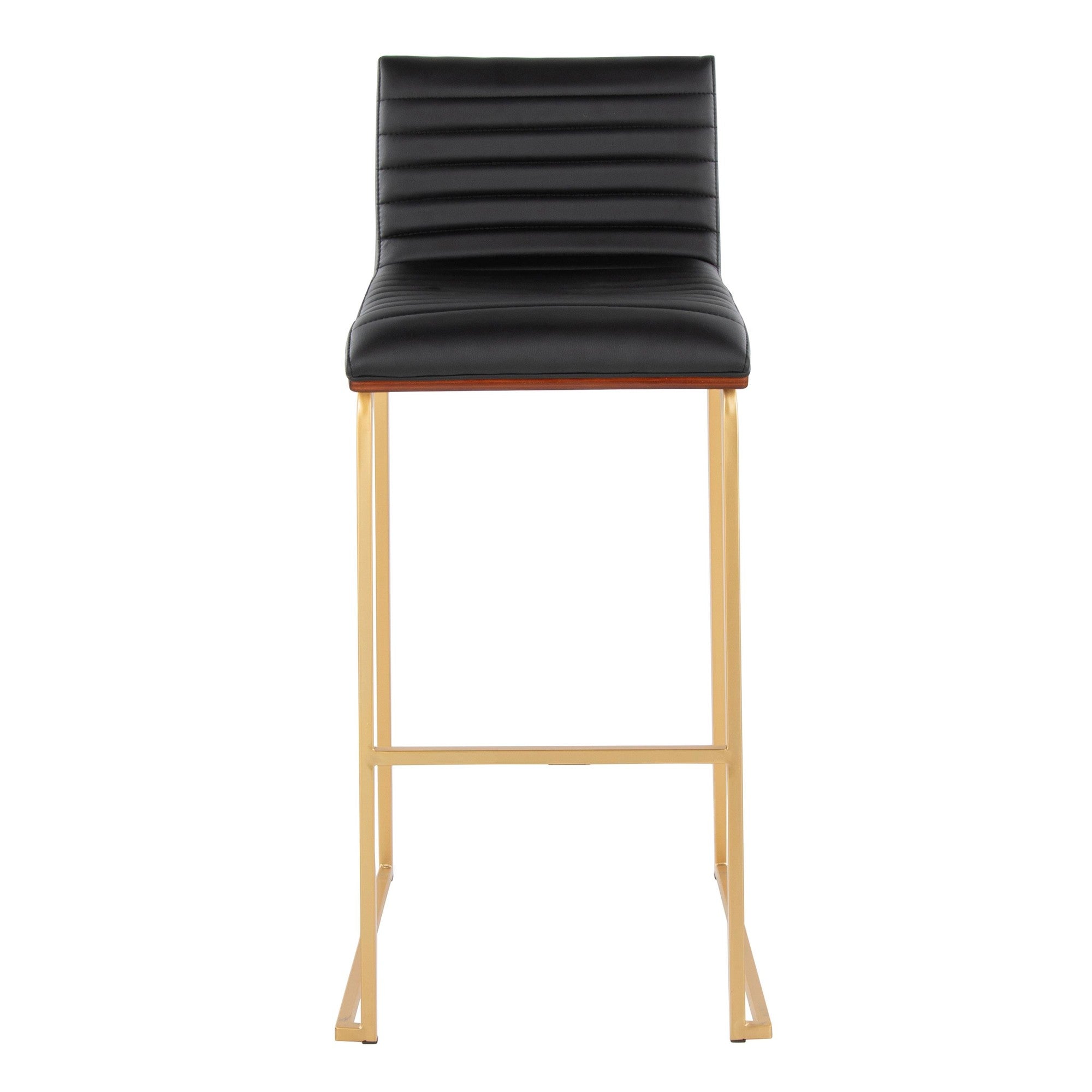 Mason Mara 30" Fixed-Height Barstool - Set of 2 - Gold Metal, Walnut Wood, Black PU