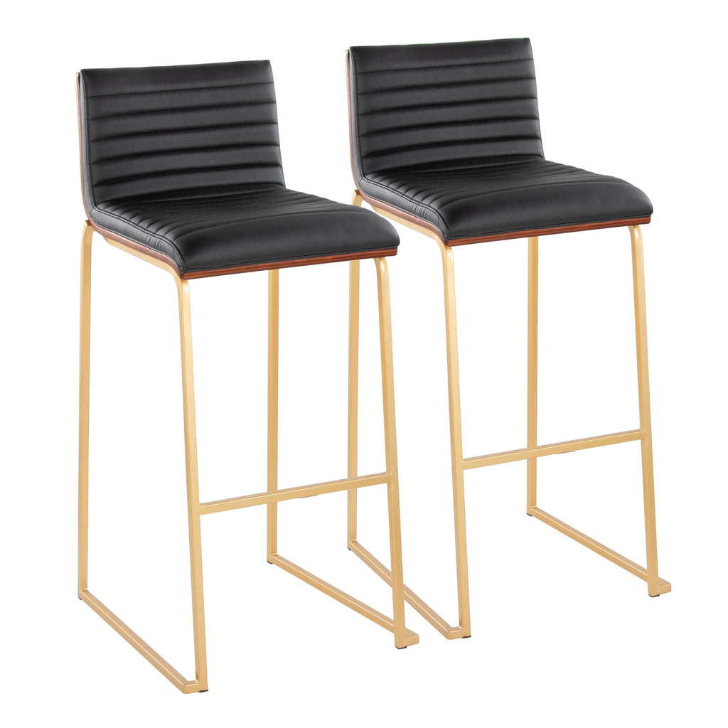 Mason Mara 30" Fixed-Height Barstool - Set of 2 - Gold Metal, Walnut Wood, Black PU