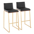 Mason Mara 30" Fixed-Height Barstool - Set of 2 - Gold Metal, Walnut Wood, Black PU
