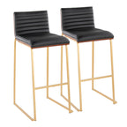 Mason Mara 30" Fixed-Height Barstool - Set of 2 - Gold Metal, Walnut Wood, Black PU