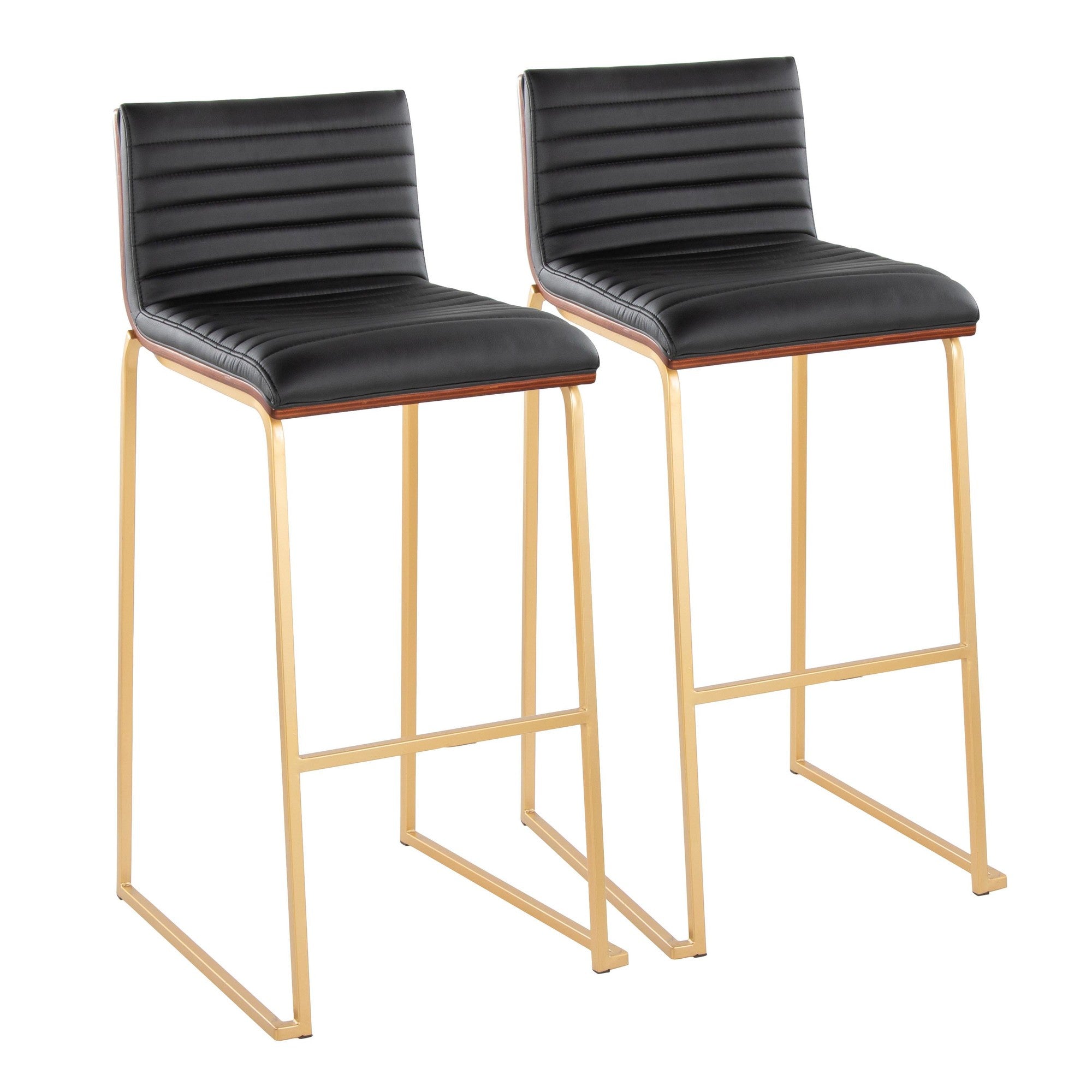 Mason Mara 30" Fixed-Height Barstool - Set of 2 - Gold Metal, Walnut Wood, Black PU