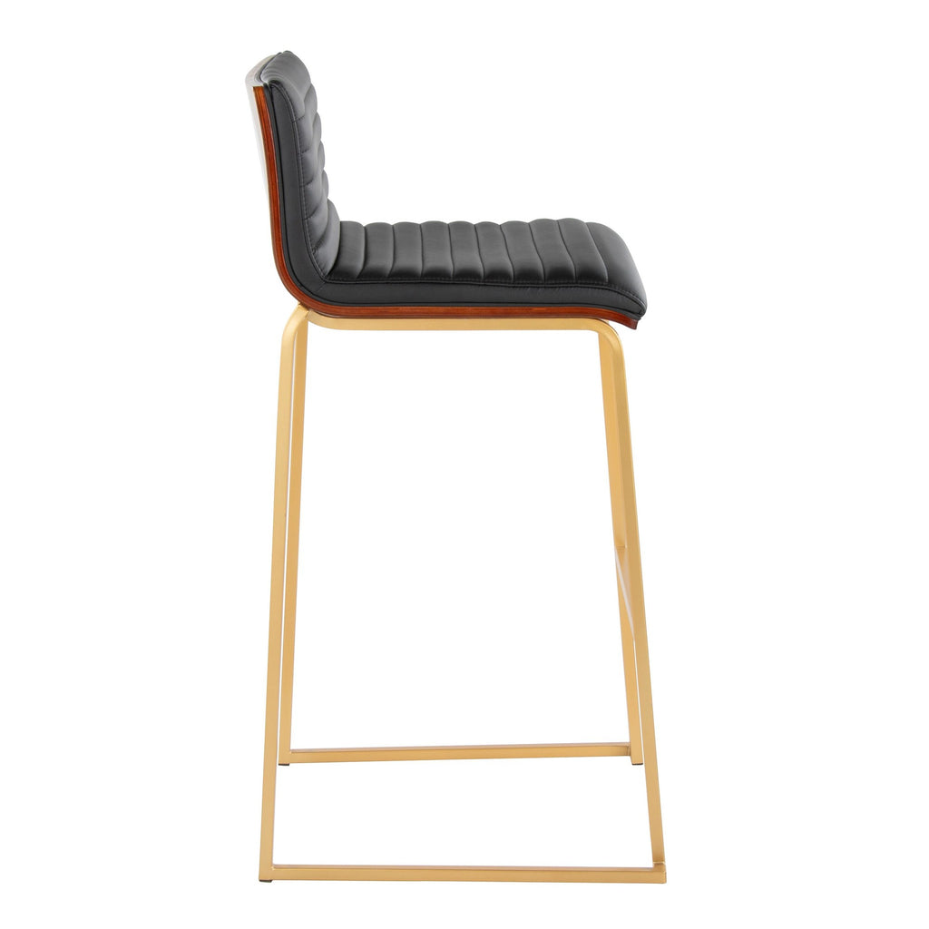 Mason Mara 30" Fixed-Height Barstool - Set of 2 - Gold Metal, Walnut Wood, Black PU