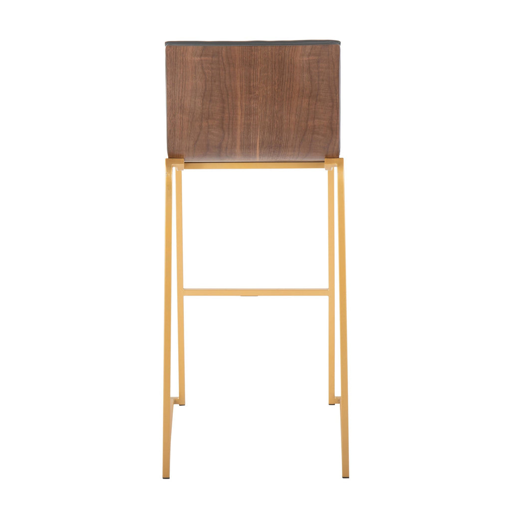 Mason Mara 30" Fixed-Height Barstool - Set of 2 - Gold Metal, Walnut Wood, Grey PU