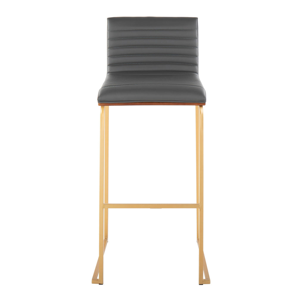 Mason Mara 30" Fixed-Height Barstool - Set of 2 - Gold Metal, Walnut Wood, Grey PU