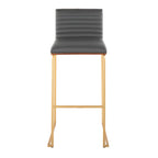 Mason Mara 30" Fixed-Height Barstool - Set of 2 - Gold Metal, Walnut Wood, Grey PU