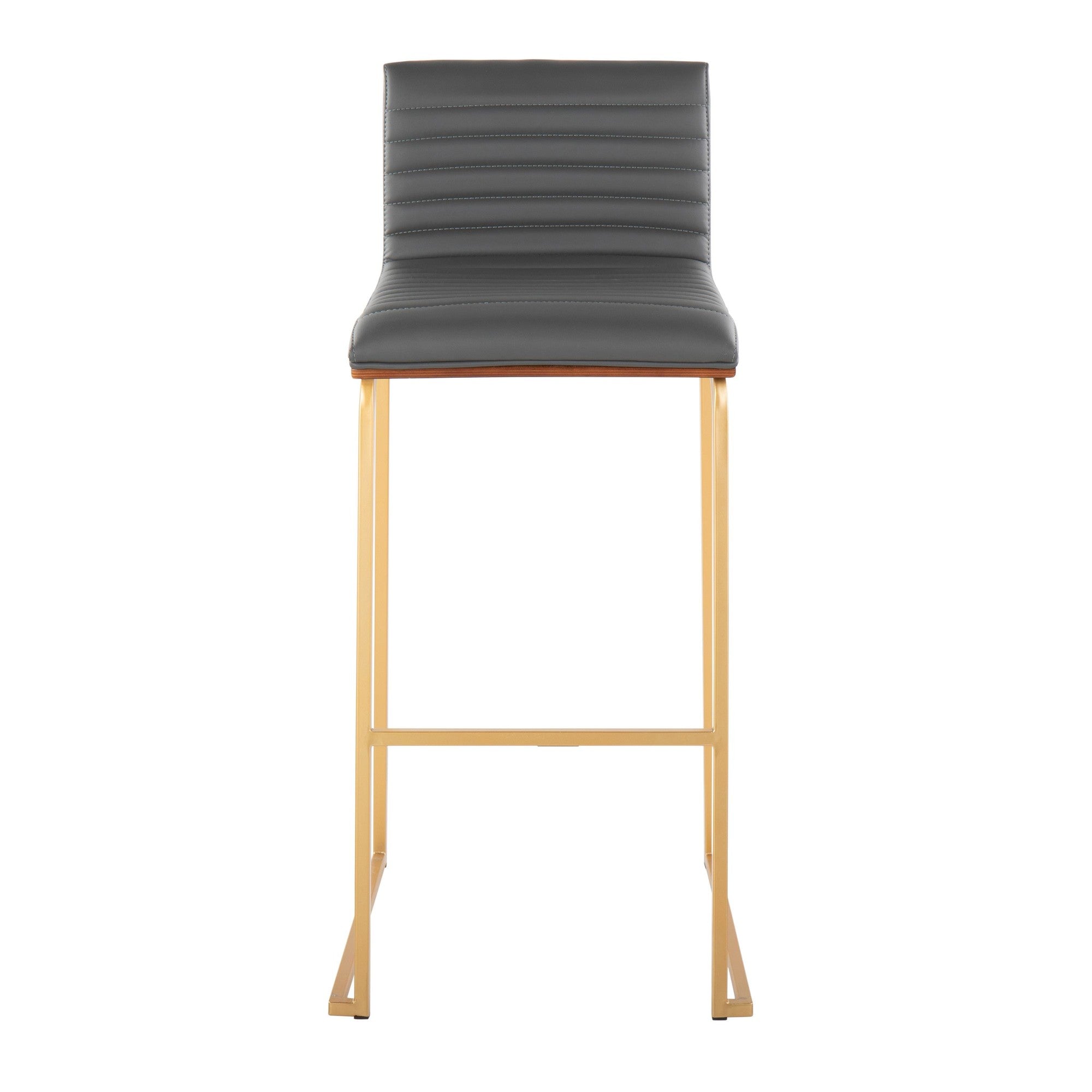 Mason Mara 30" Fixed-Height Barstool - Set of 2 - Gold Metal, Walnut Wood, Grey PU