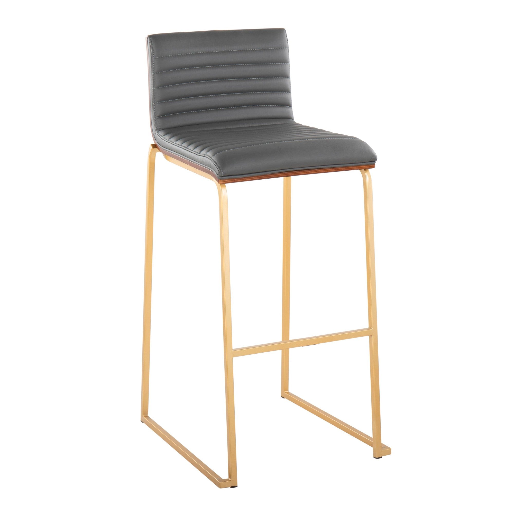 Mason Mara 30" Fixed-Height Barstool - Set of 2 - Gold Metal, Walnut Wood, Grey PU
