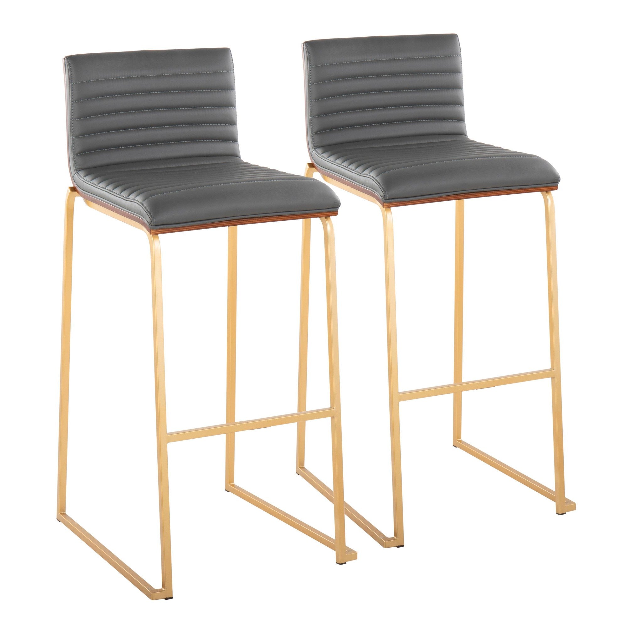 Mason Mara 30" Fixed-Height Barstool - Set of 2 - Gold Metal, Walnut Wood, Grey PU