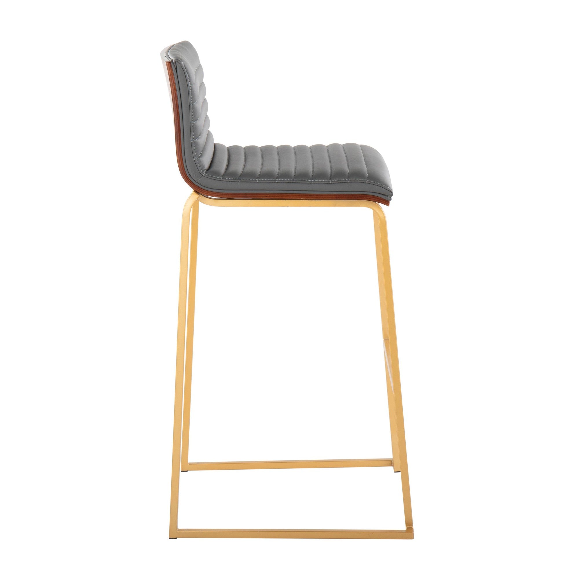 Mason Mara 30" Fixed-Height Barstool - Set of 2 - Gold Metal, Walnut Wood, Grey PU