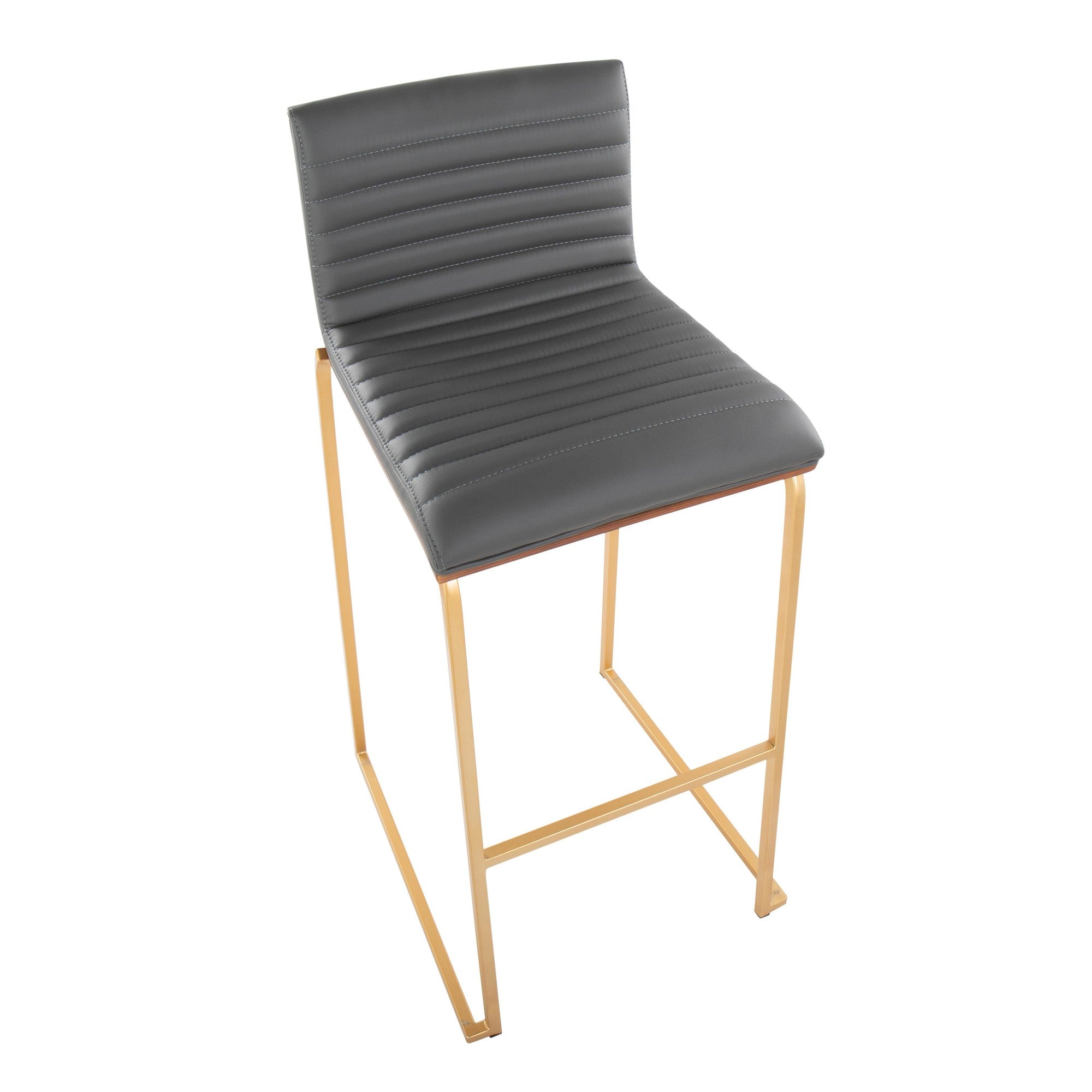 Mason Mara 30" Fixed-Height Barstool - Set of 2 - Gold Metal, Walnut Wood, Grey PU