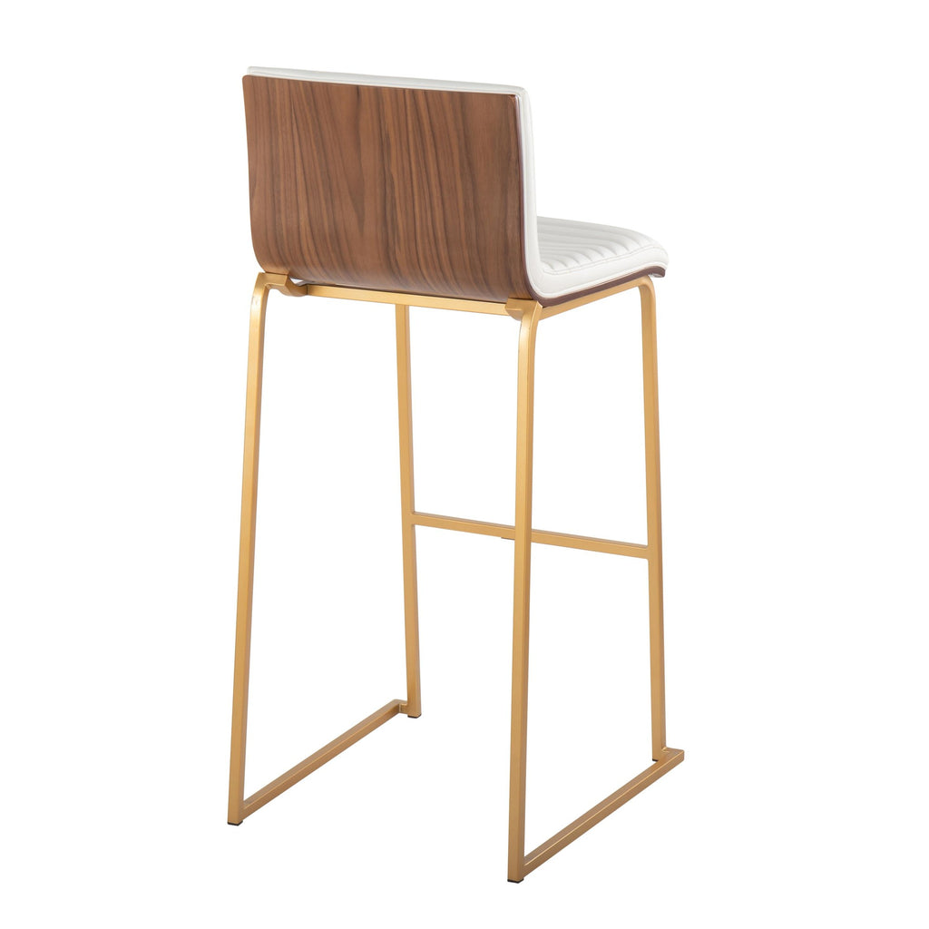Mason Mara 30" Fixed-Height Barstool - Set of 2 - Gold Metal, Walnut Wood, White PU