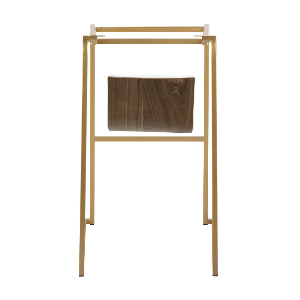 Mason Mara 30" Fixed-Height Barstool - Set of 2 - Gold Metal, Walnut Wood, White PU