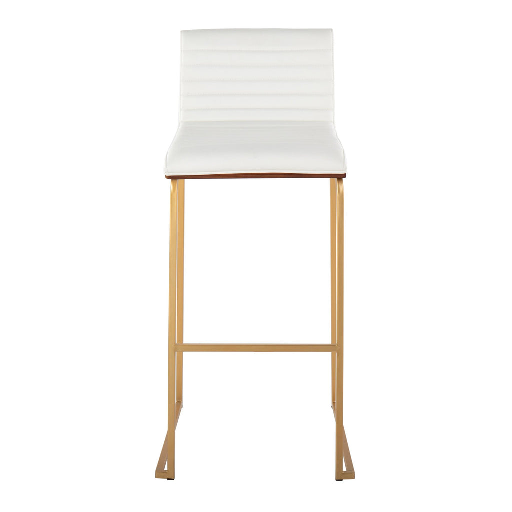 Mason Mara 30" Fixed-Height Barstool - Set of 2 - Gold Metal, Walnut Wood, White PU