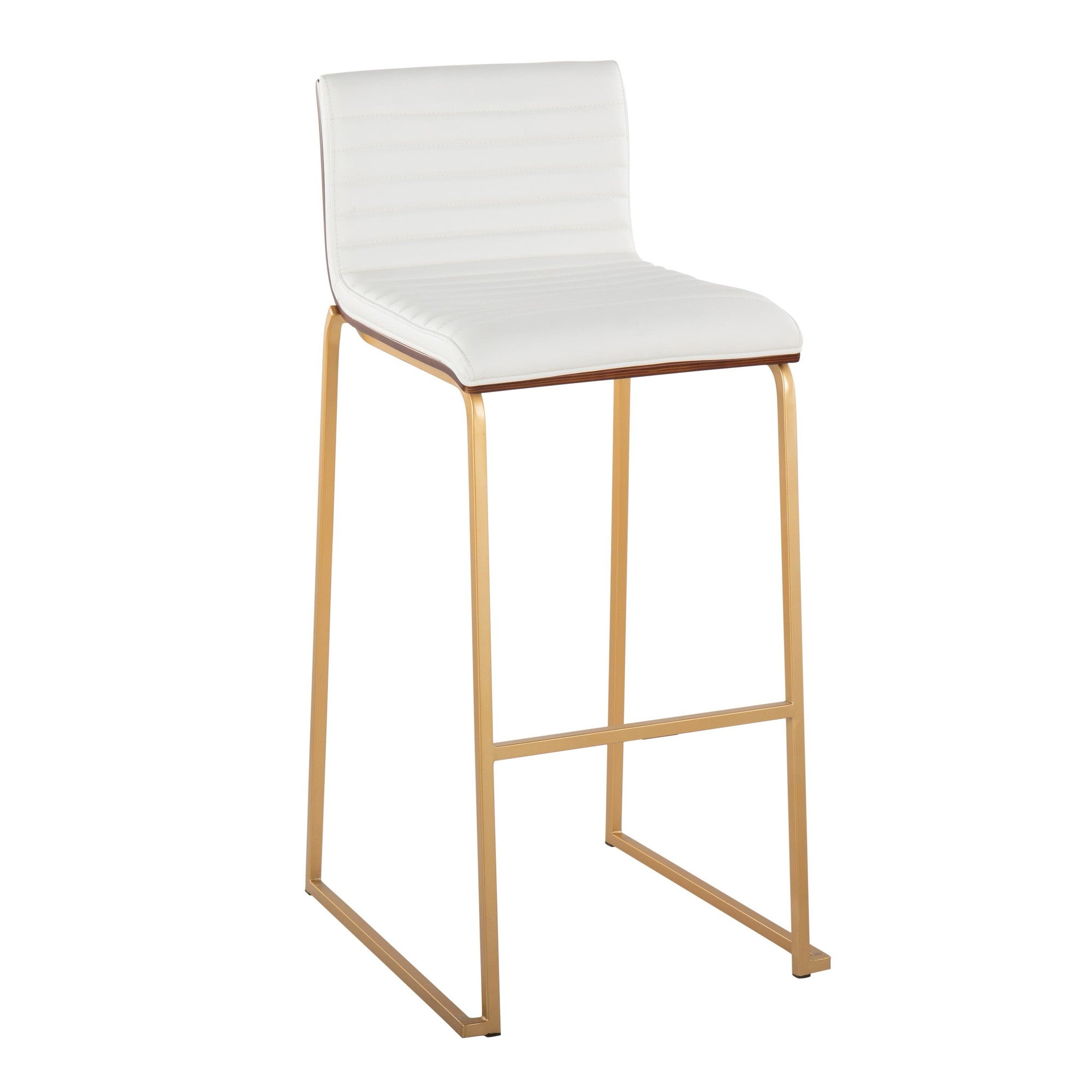 Mason Mara 30" Fixed-Height Barstool - Set of 2 - Gold Metal, Walnut Wood, White PU