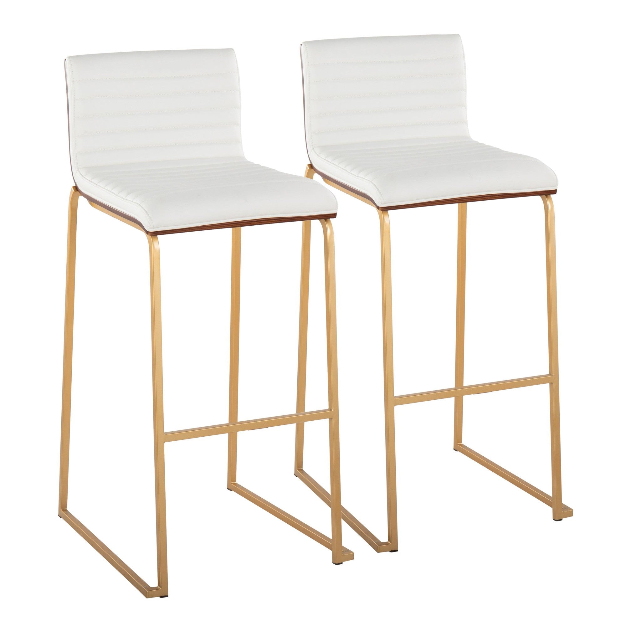 Mason Mara 30" Fixed-Height Barstool - Set of 2 - Gold Metal, Walnut Wood, White PU