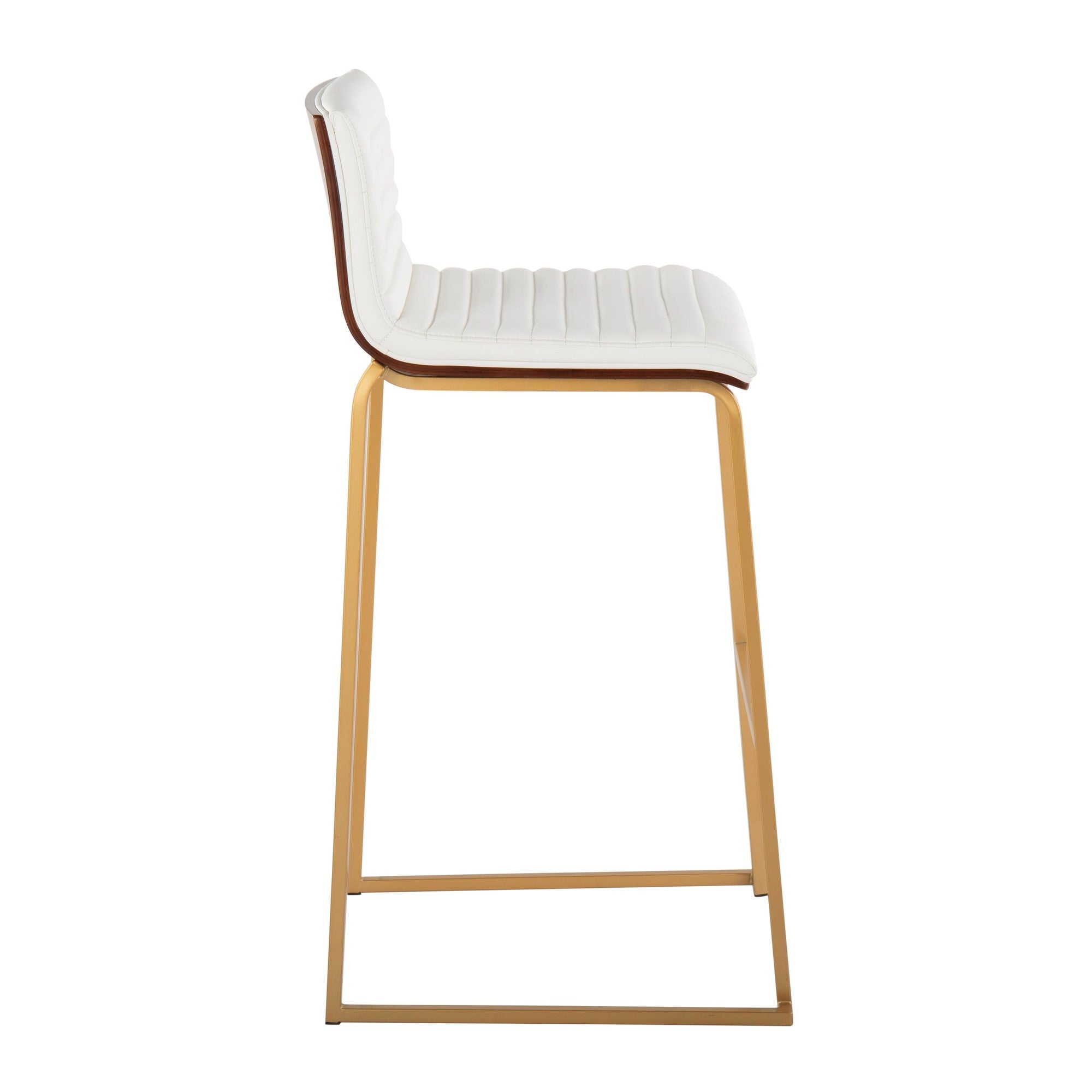 Mason Mara 30" Fixed-Height Barstool - Set of 2 - Gold Metal, Walnut Wood, White PU