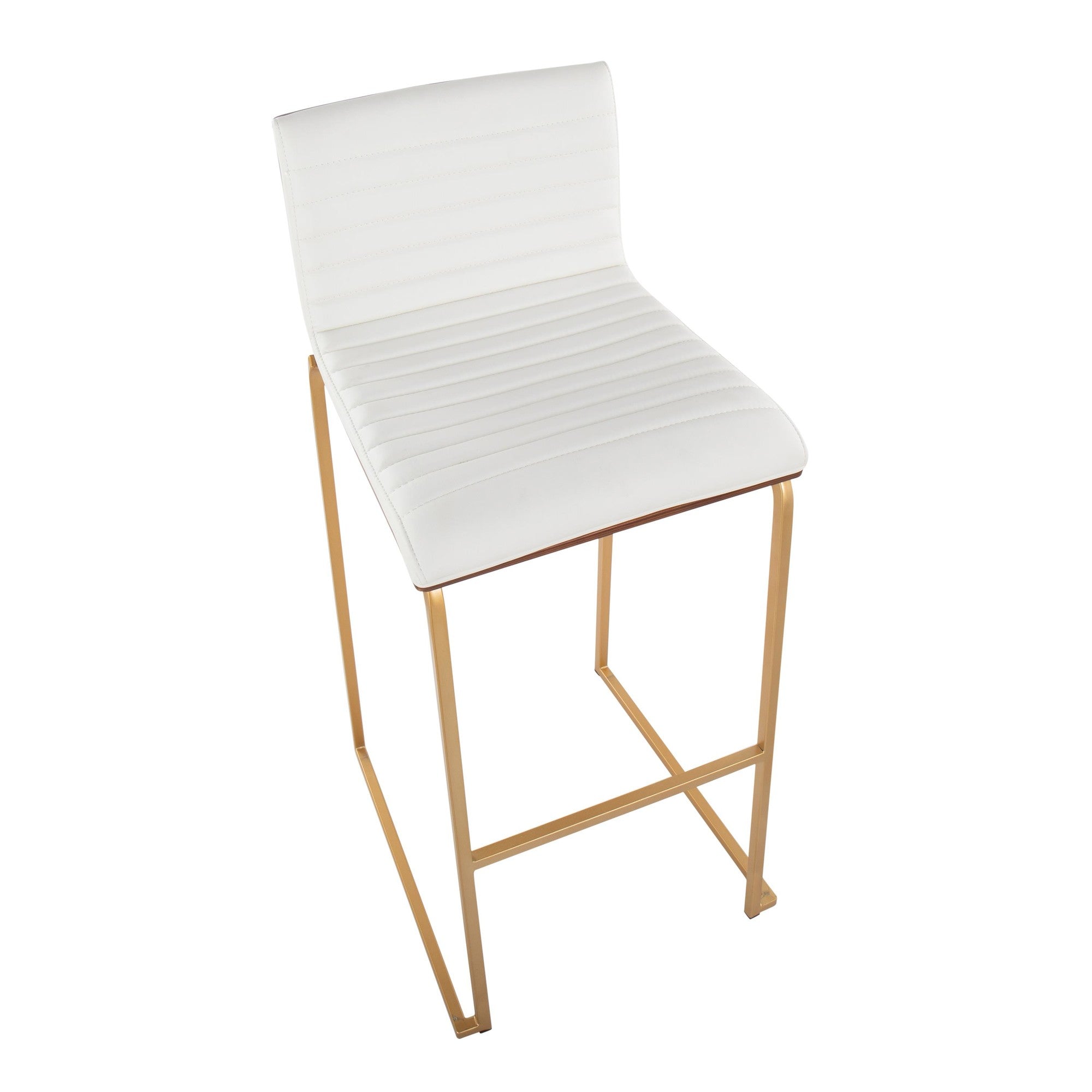 Mason Mara 30" Fixed-Height Barstool - Set of 2 - Gold Metal, Walnut Wood, White PU