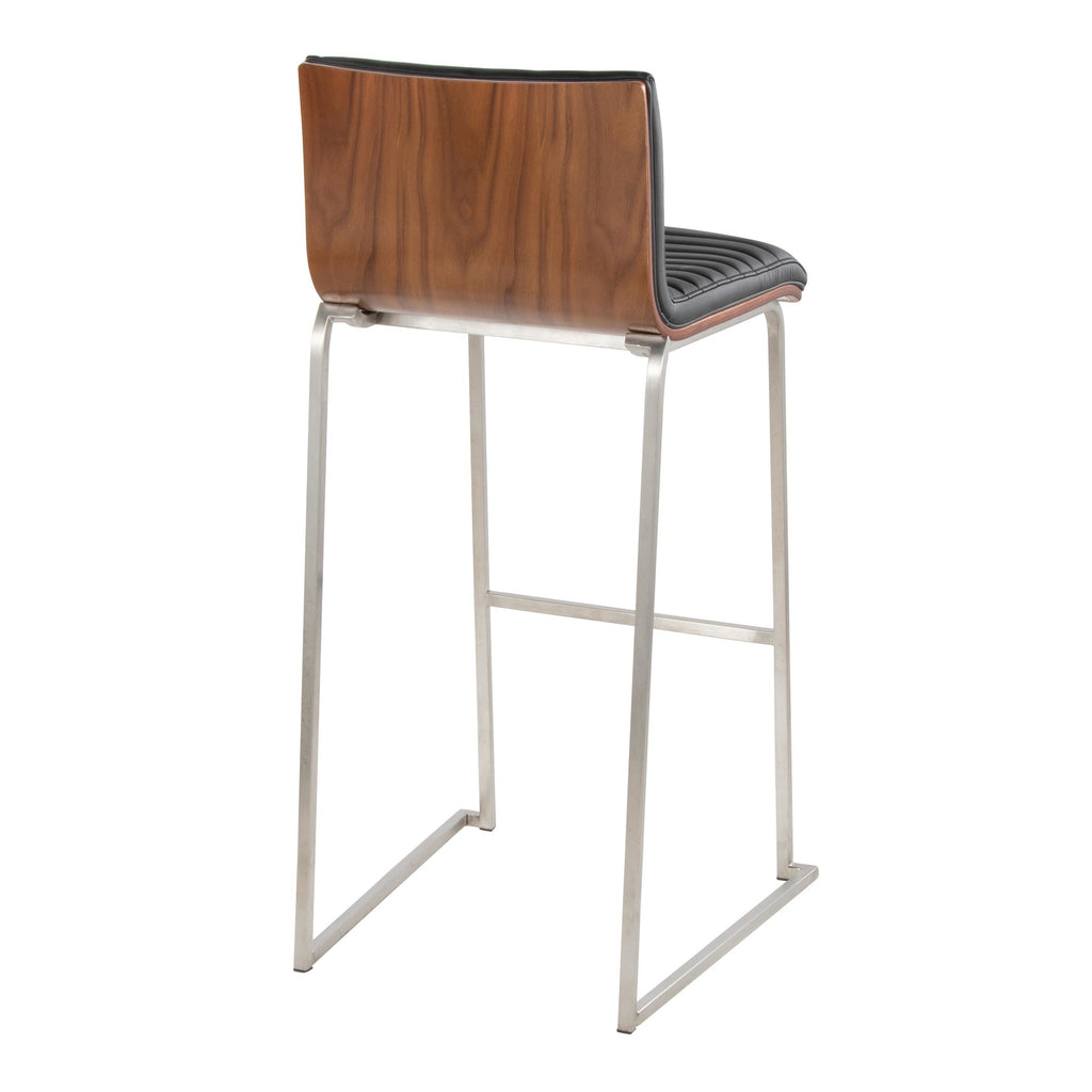 Mason Mara 30" Fixed-Height Barstool - Set of 2 - Stainless Steel, Walnut Wood, Black PU