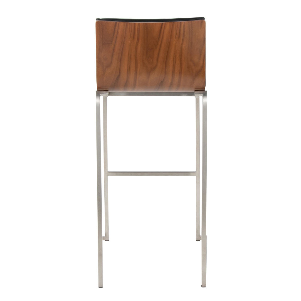 Mason Mara 30" Fixed-Height Barstool - Set of 2 - Stainless Steel, Walnut Wood, Black PU