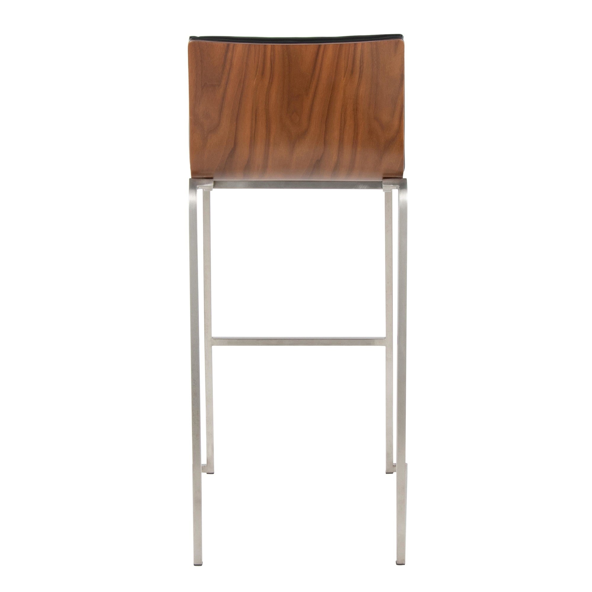 Mason Mara 30" Fixed-Height Barstool - Set of 2 - Stainless Steel, Walnut Wood, Black PU