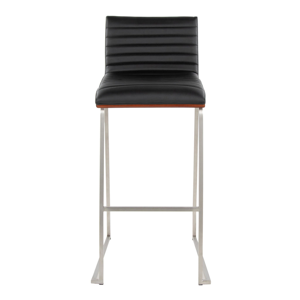 Mason Mara 30" Fixed-Height Barstool - Set of 2 - Stainless Steel, Walnut Wood, Black PU