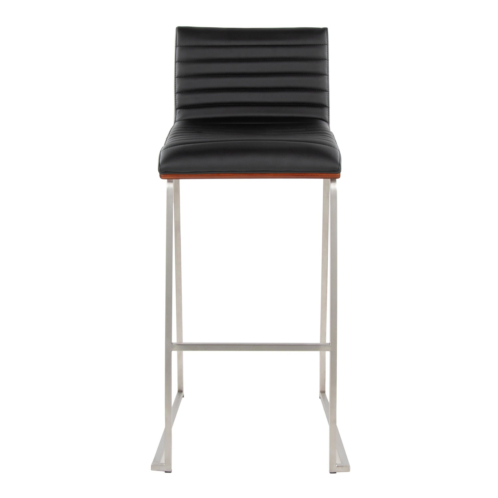 Mason Mara 30" Fixed-Height Barstool - Set of 2 - Stainless Steel, Walnut Wood, Black PU