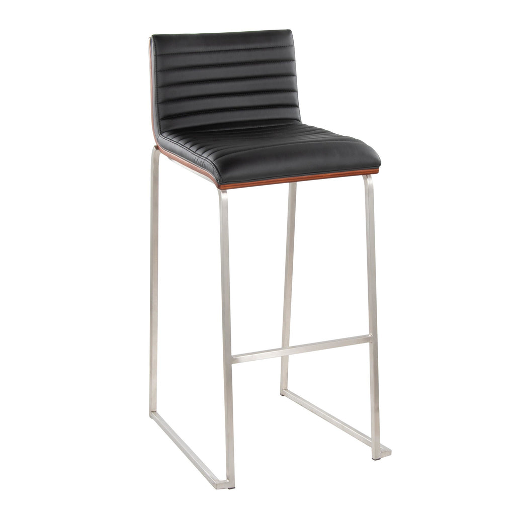Mason Mara 30" Fixed-Height Barstool - Set of 2 - Stainless Steel, Walnut Wood, Black PU