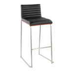 Mason Mara 30" Fixed-Height Barstool - Set of 2 - Stainless Steel, Walnut Wood, Black PU