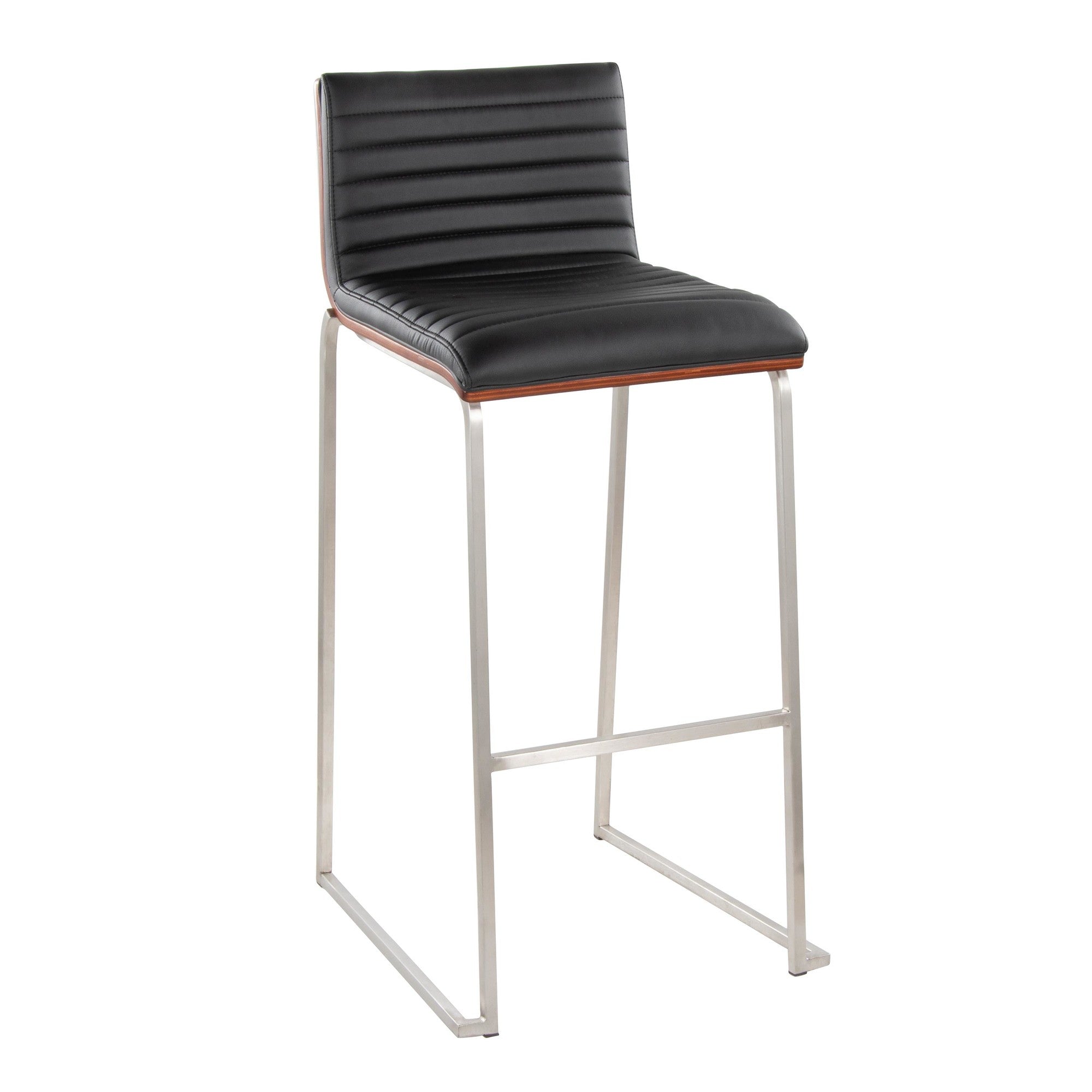 Mason Mara 30" Fixed-Height Barstool - Set of 2 - Stainless Steel, Walnut Wood, Black PU