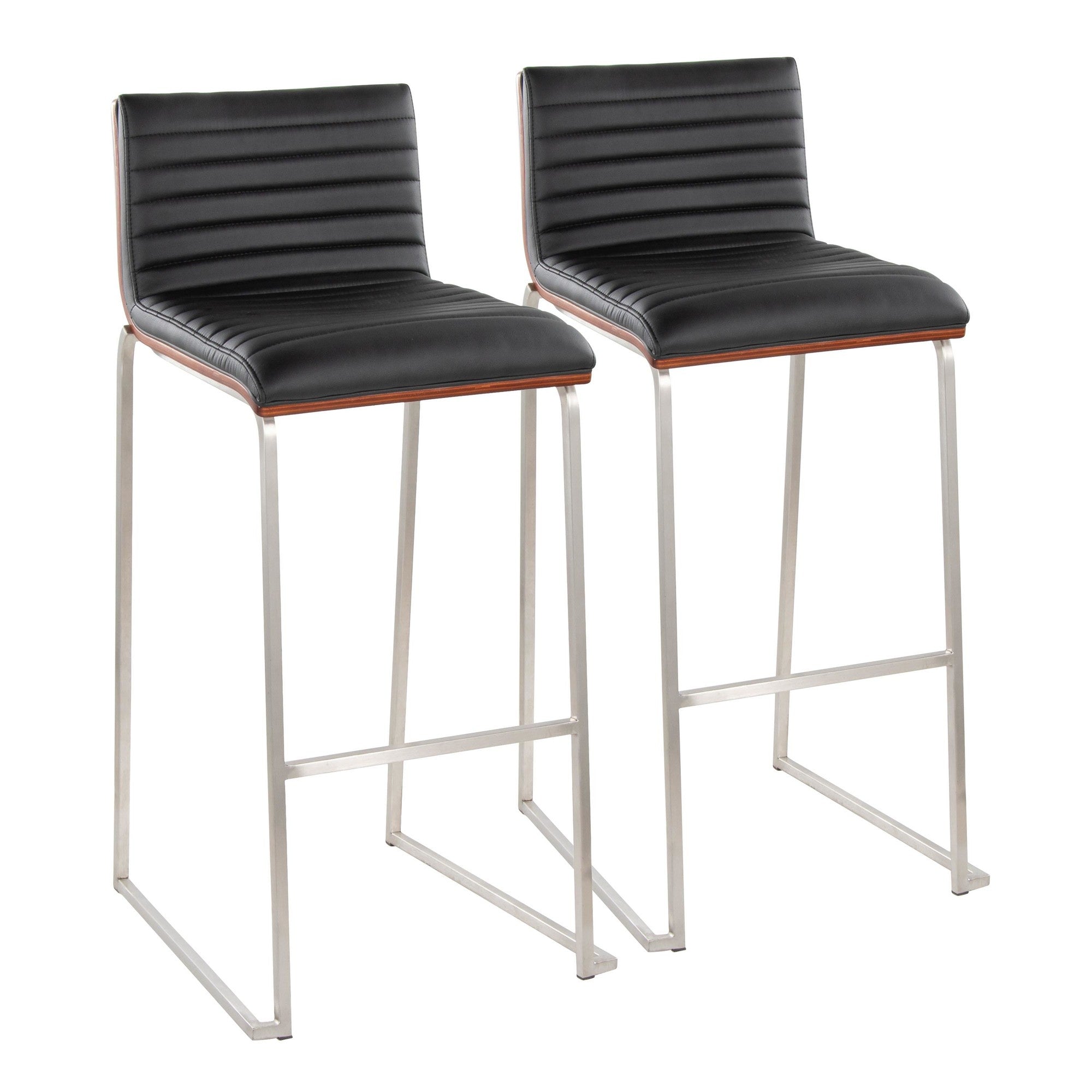 Mason Mara 30" Fixed-Height Barstool - Set of 2 - Stainless Steel, Walnut Wood, Black PU