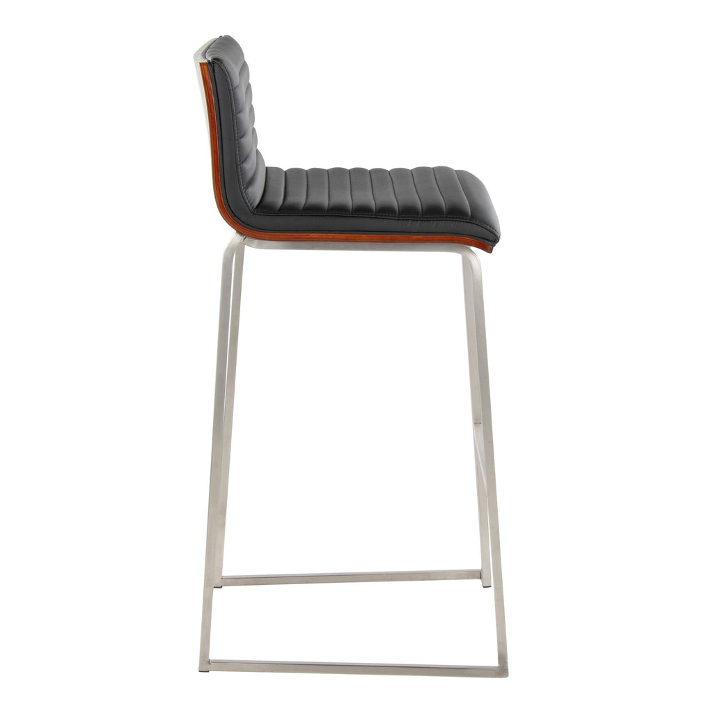 Mason Mara 30" Fixed-Height Barstool - Set of 2 - Stainless Steel, Walnut Wood, Black PU