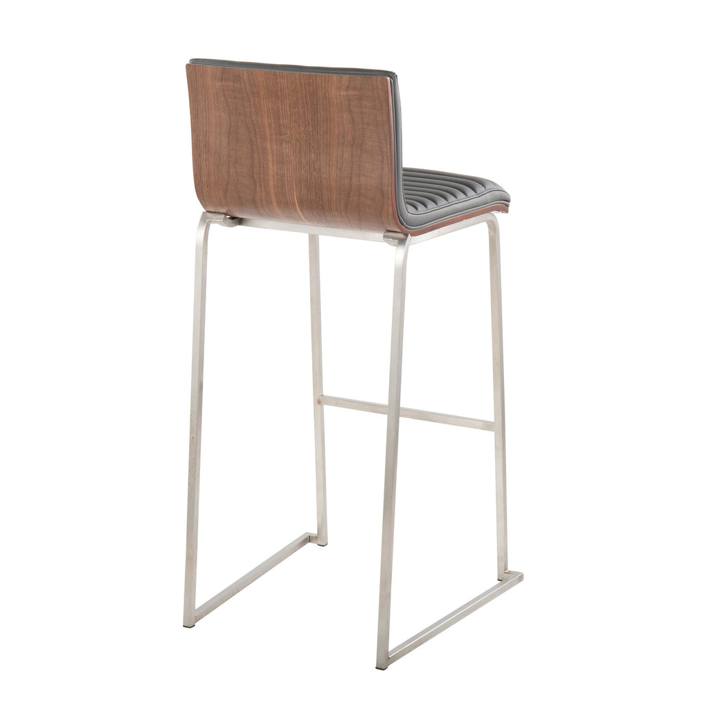 Mason Mara 30" Fixed-Height Barstool - Set of 2 - Stainless Steel, Walnut Wood, Grey PU