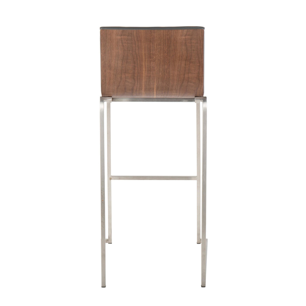 Mason Mara 30" Fixed-Height Barstool - Set of 2 - Stainless Steel, Walnut Wood, Grey PU