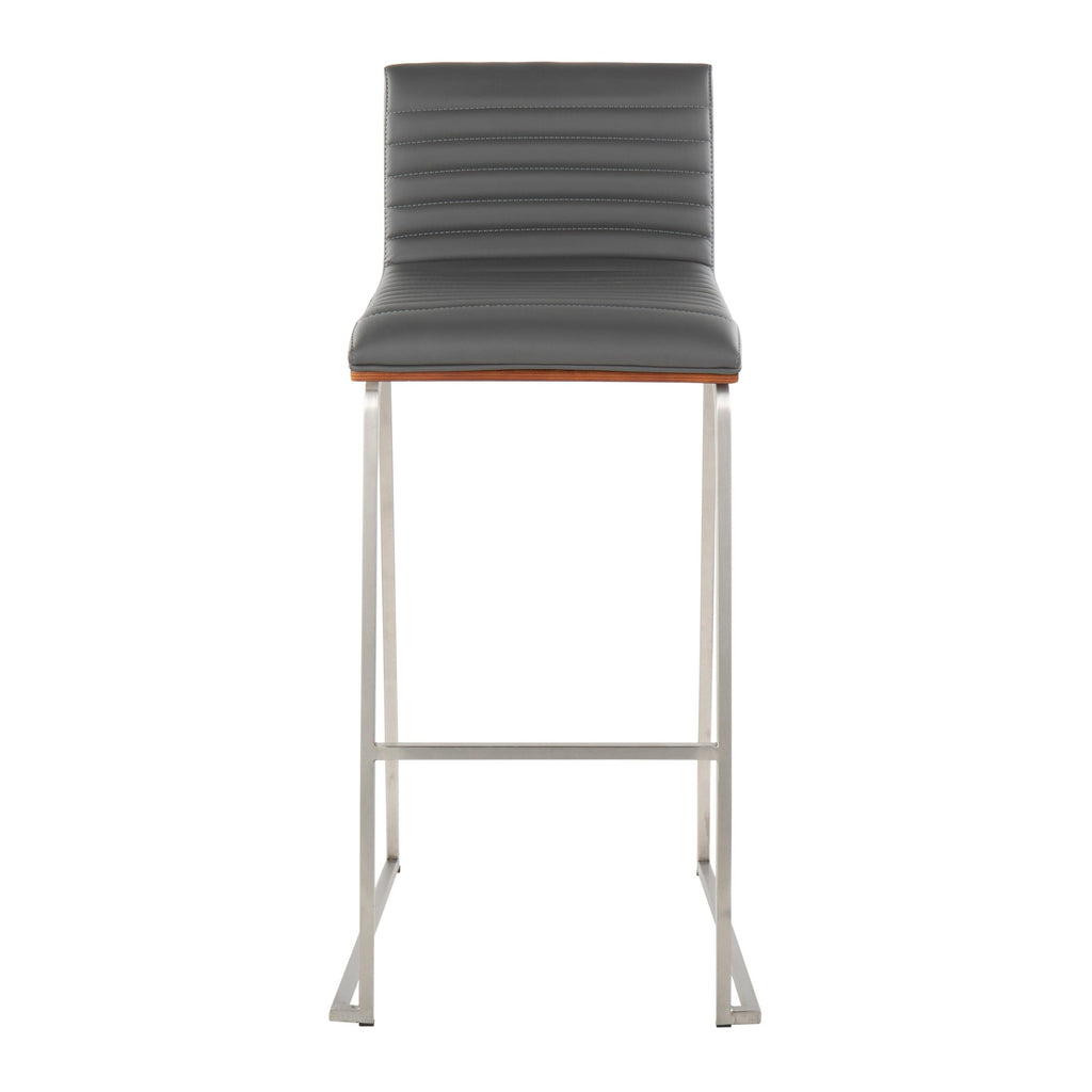 Mason Mara 30" Fixed-Height Barstool - Set of 2 - Stainless Steel, Walnut Wood, Grey PU