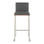 Mason Mara 30" Fixed-Height Barstool - Set of 2 - Stainless Steel, Walnut Wood, Grey PU