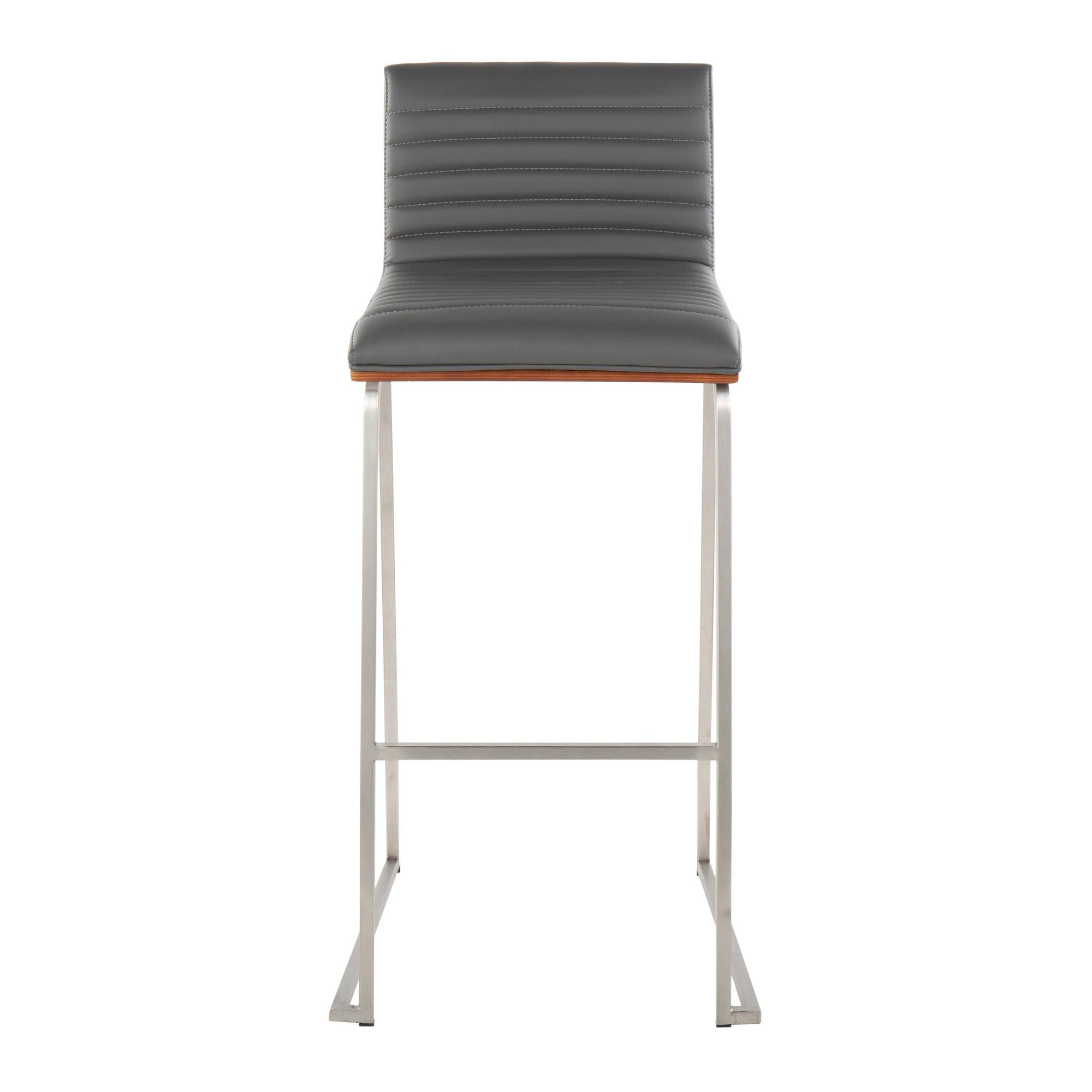 Mason Mara 30" Fixed-Height Barstool - Set of 2 - Stainless Steel, Walnut Wood, Grey PU