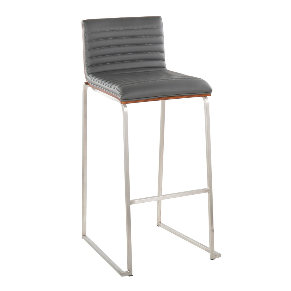 Mason Mara 30" Fixed-Height Barstool - Set of 2 - Stainless Steel, Walnut Wood, Grey PU