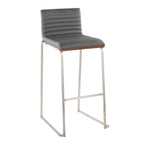 Mason Mara 30" Fixed-Height Barstool - Set of 2 - Stainless Steel, Walnut Wood, Grey PU