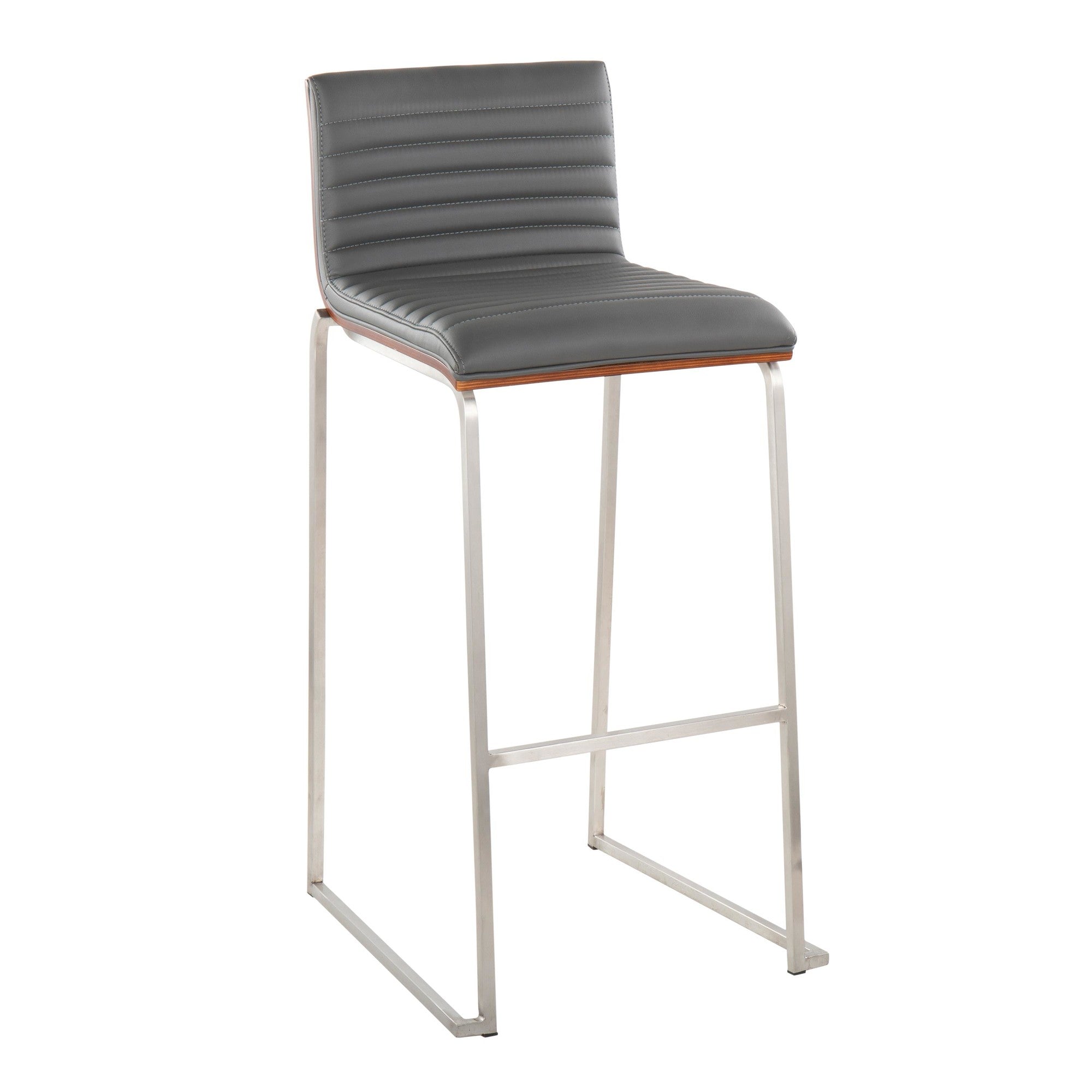 Mason Mara 30" Fixed-Height Barstool - Set of 2 - Stainless Steel, Walnut Wood, Grey PU