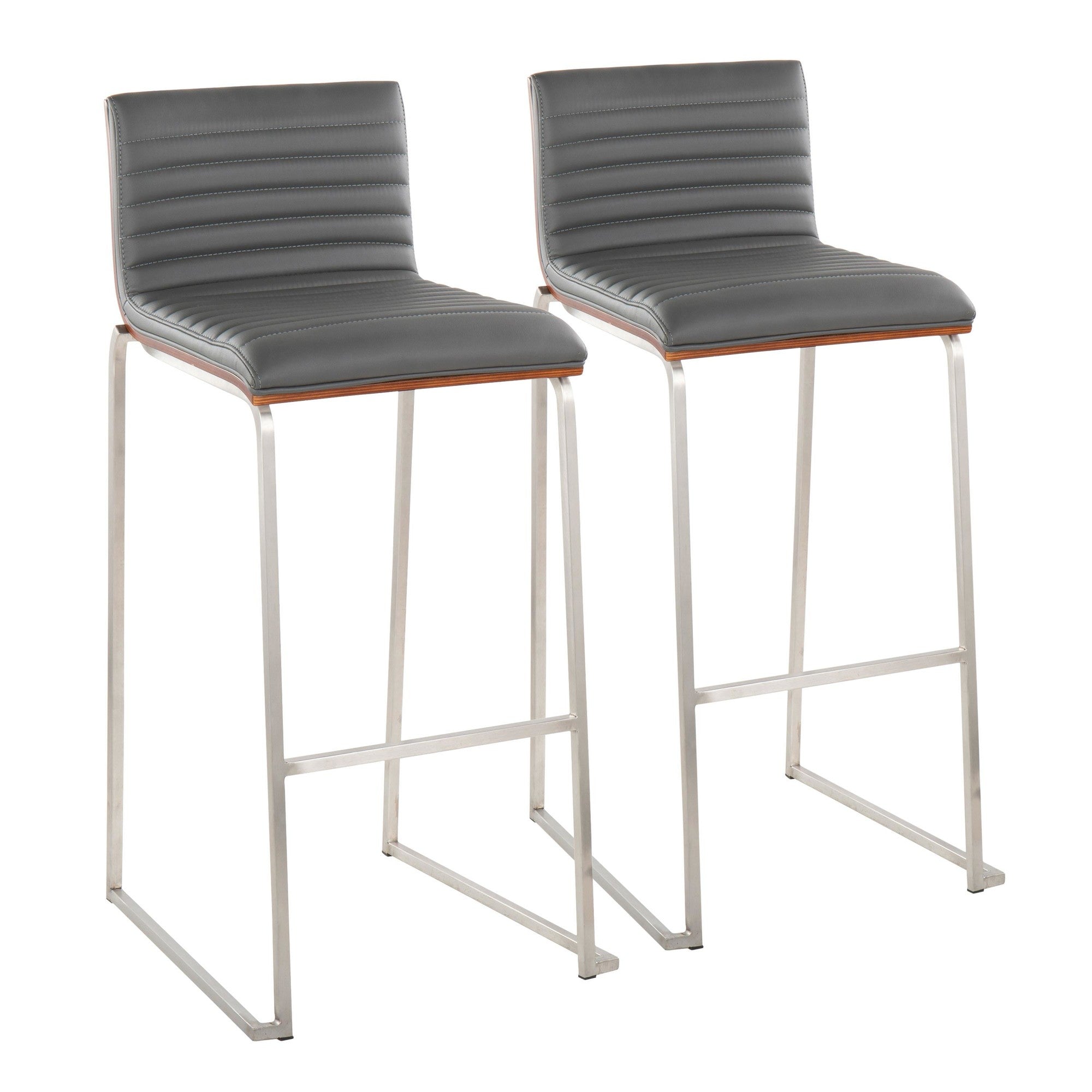 Mason Mara 30" Fixed-Height Barstool - Set of 2 - Stainless Steel, Walnut Wood, Grey PU