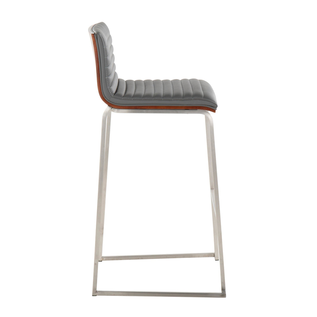 Mason Mara 30" Fixed-Height Barstool - Set of 2 - Stainless Steel, Walnut Wood, Grey PU