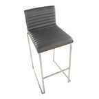 Mason Mara 30" Fixed-Height Barstool - Set of 2 - Stainless Steel, Walnut Wood, Grey PU