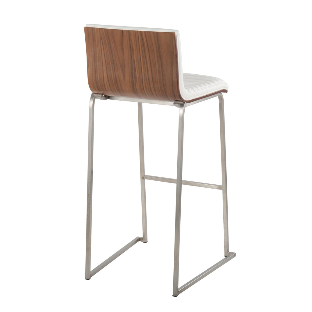 Mason Mara 30" Fixed-Height Barstool - Set of 2 - Stainless Steel, Walnut Wood, White PU