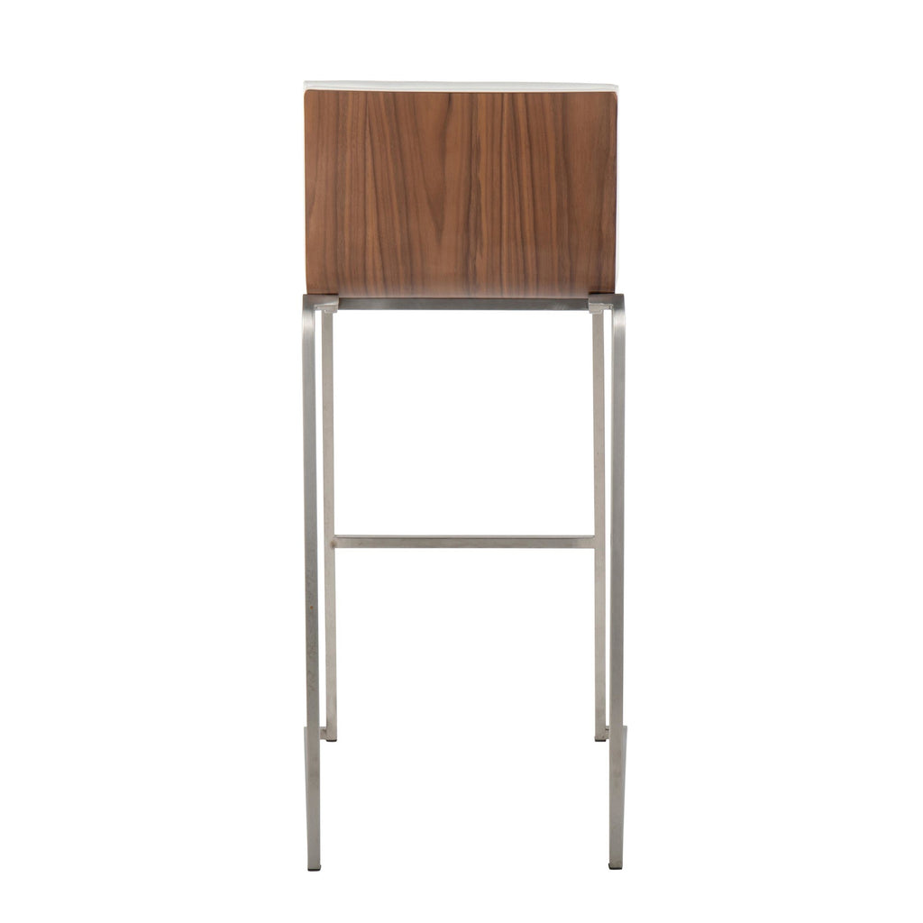 Mason Mara 30" Fixed-Height Barstool - Set of 2 - Stainless Steel, Walnut Wood, White PU