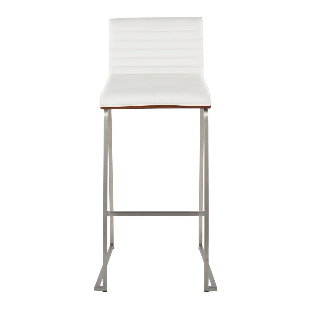 Mason Mara 30" Fixed-Height Barstool - Set of 2 - Stainless Steel, Walnut Wood, White PU