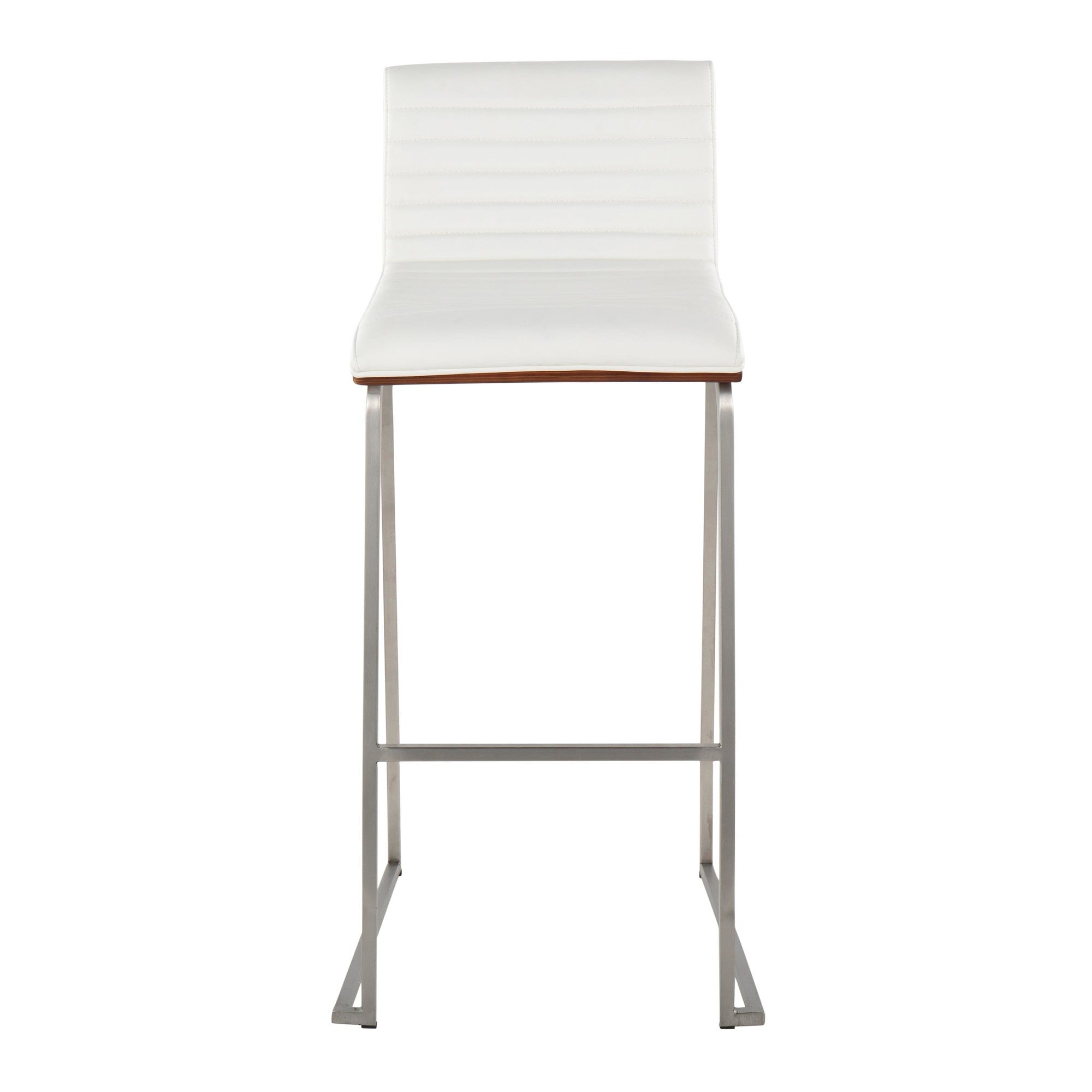 Mason Mara 30" Fixed-Height Barstool - Set of 2 - Stainless Steel, Walnut Wood, White PU