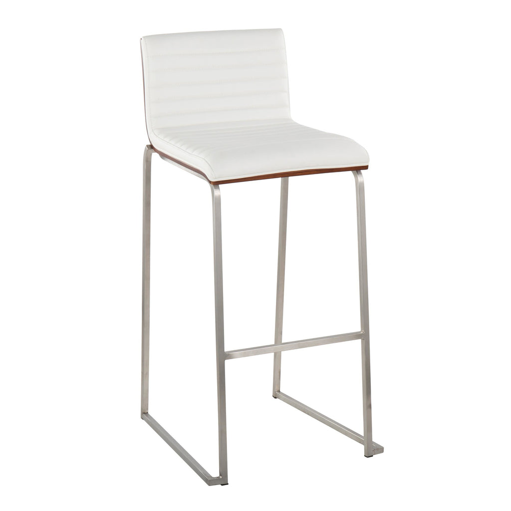 Mason Mara 30" Fixed-Height Barstool - Set of 2 - Stainless Steel, Walnut Wood, White PU
