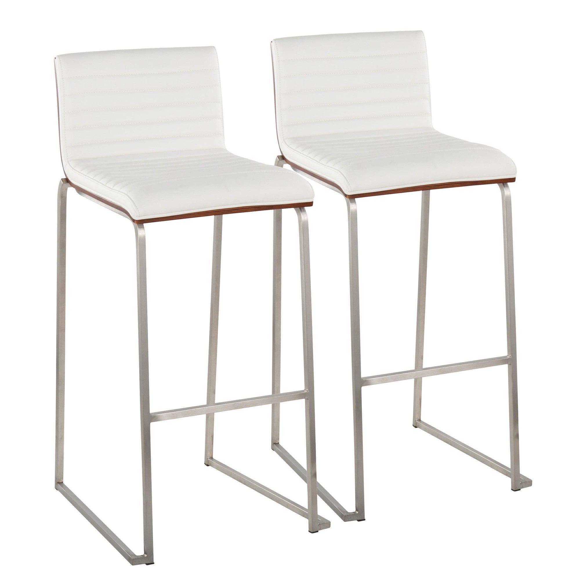 Mason Mara 30" Fixed-Height Barstool - Set of 2 - Stainless Steel, Walnut Wood, White PU