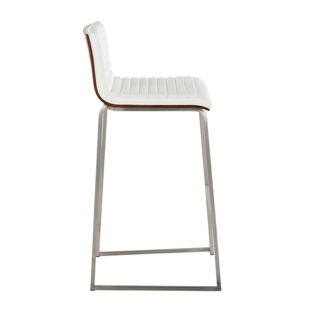 Mason Mara 30" Fixed-Height Barstool - Set of 2 - Stainless Steel, Walnut Wood, White PU